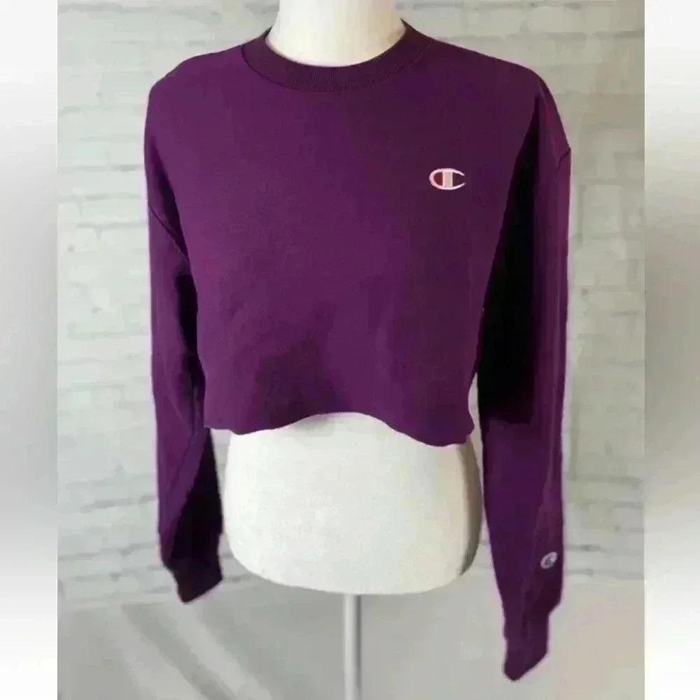 Champion reverse weave purple fleece cropped crewneck RELAXED sweatshirt size XS